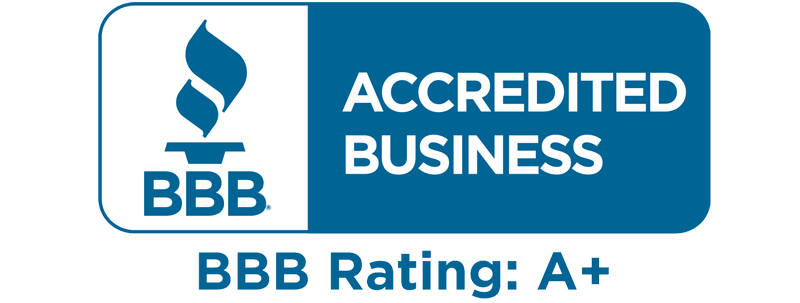 BBB Accredited Business Logo, A+ Rating, Blue, White.