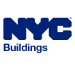 NYC Buildings logo in bold blue text, representing New York City construction and architecture industry branding.