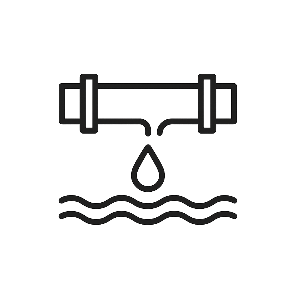 Leak detection icon with pipe and water drop, representing plumbing, maintenance, and water conservation.