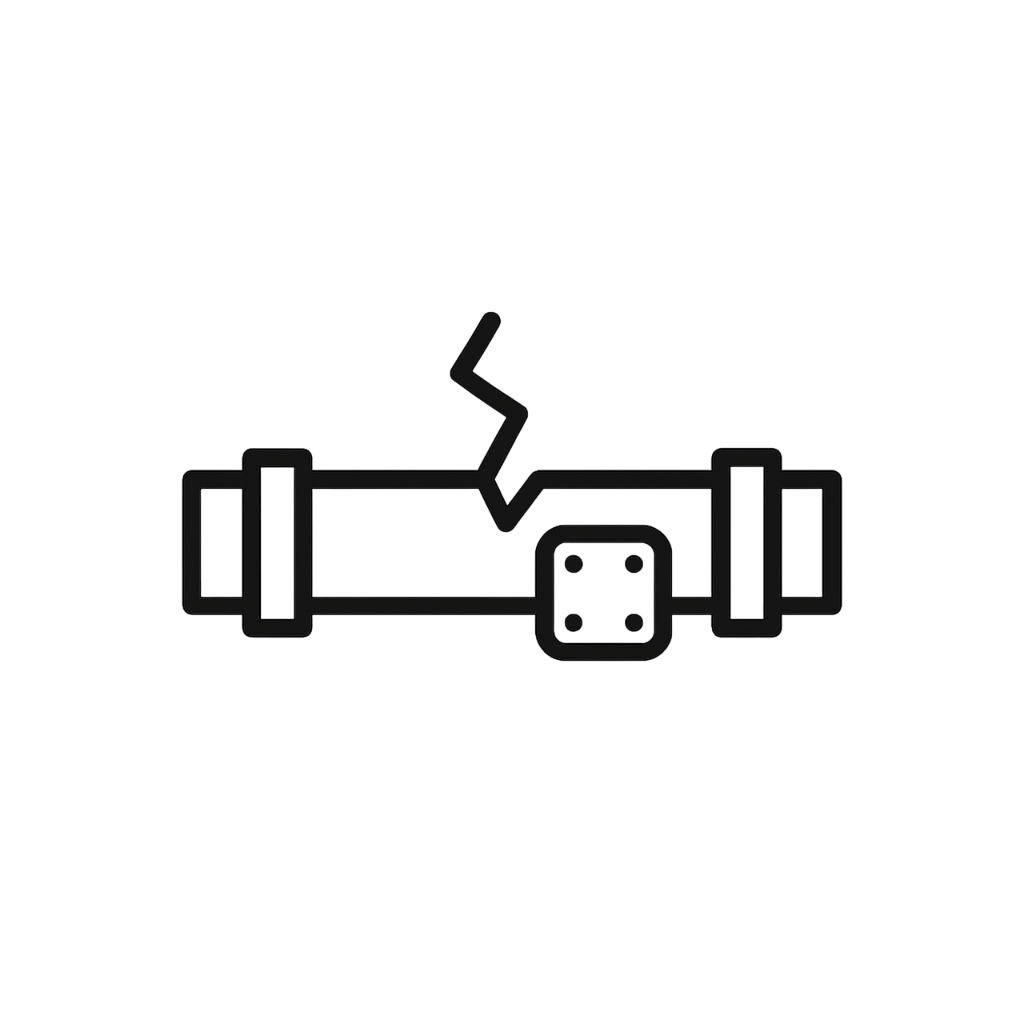 Broken pipe icon, black and white illustration, plumbing repair, cracked pipeline, leak symbol, isolated vector graphic.