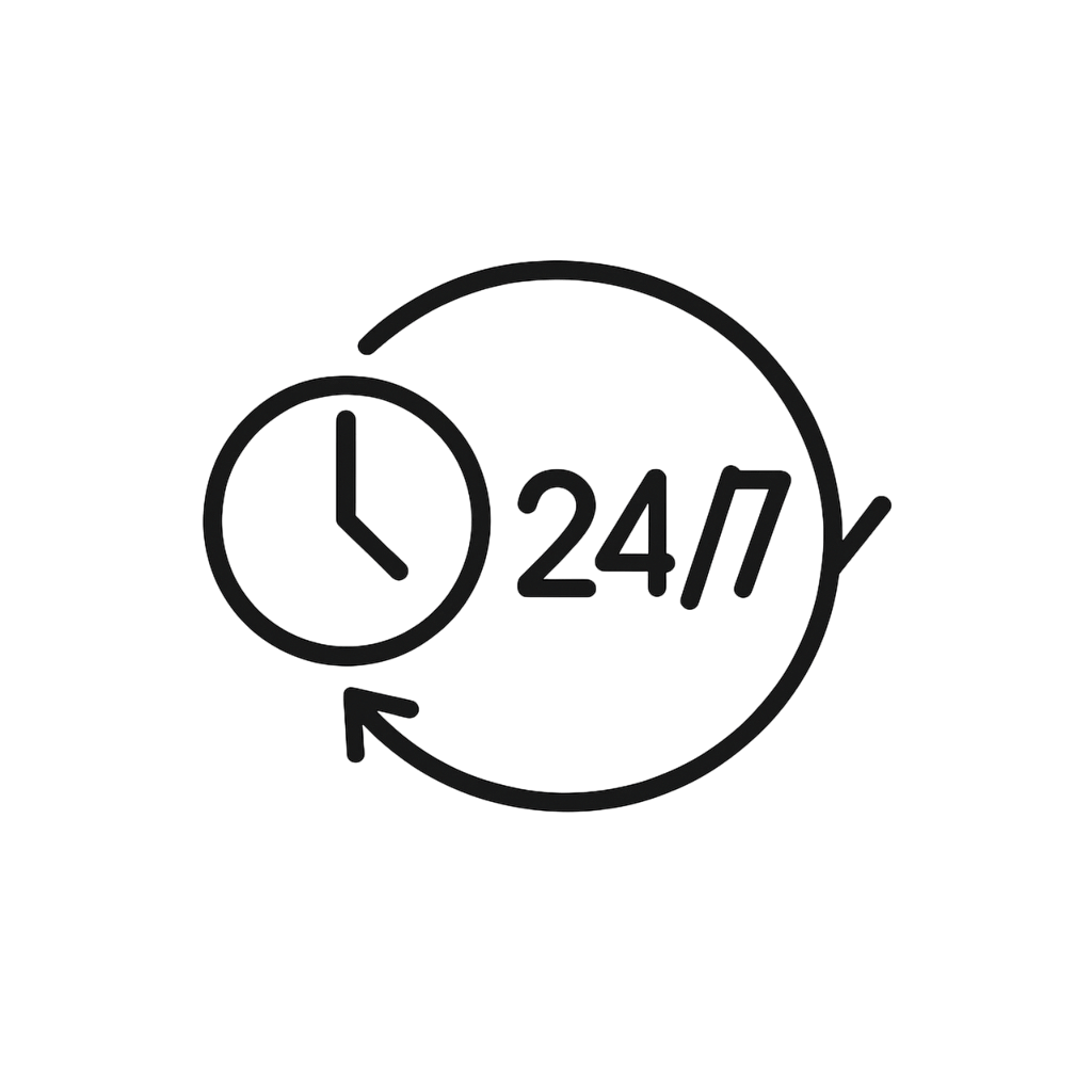 24/7 service icon with clock and arrow, representing round-the-clock availability and support.