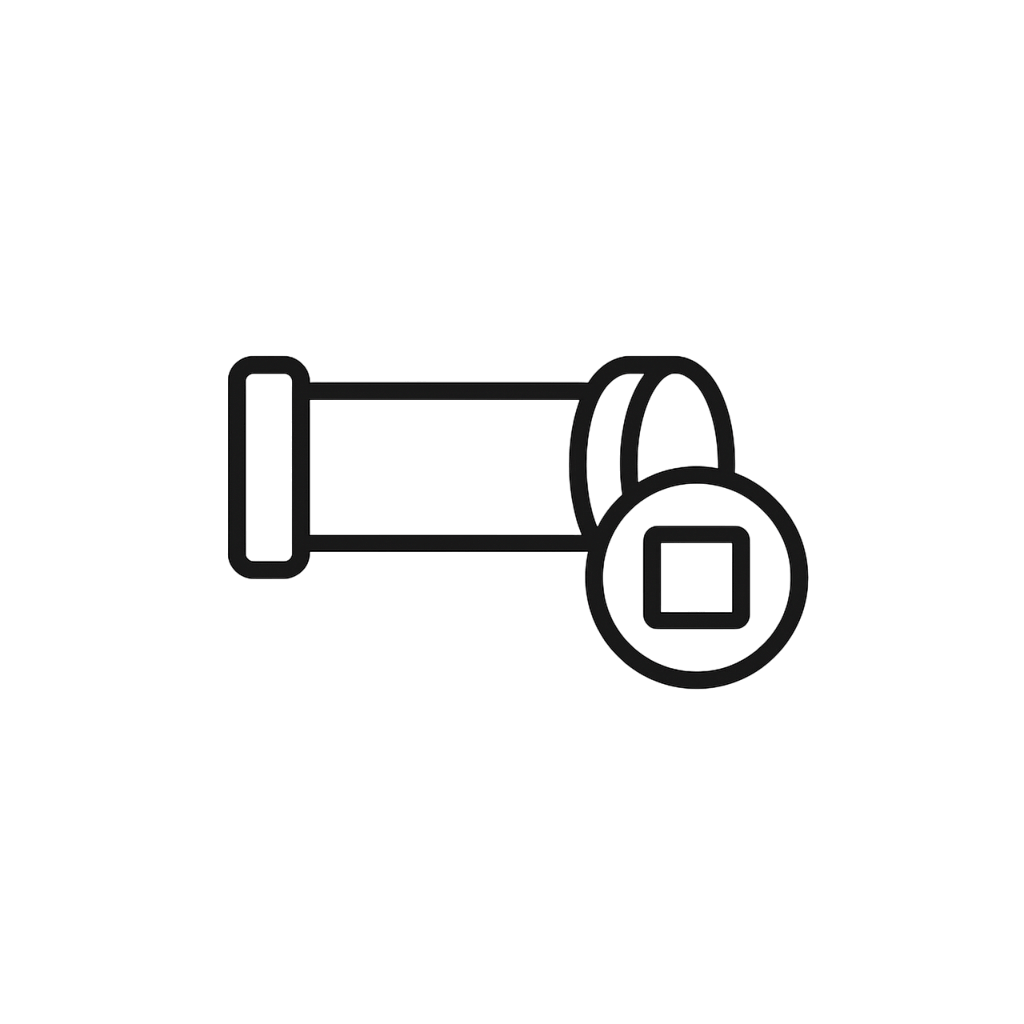 Black background with a simple outline of a telescope and a circle with a square inside, minimalist design.