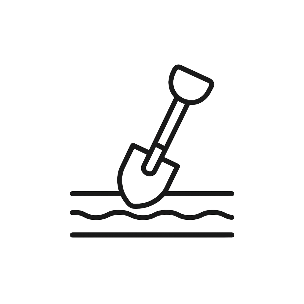 Shovel digging into soil icon, representing gardening, construction, or excavation activities.