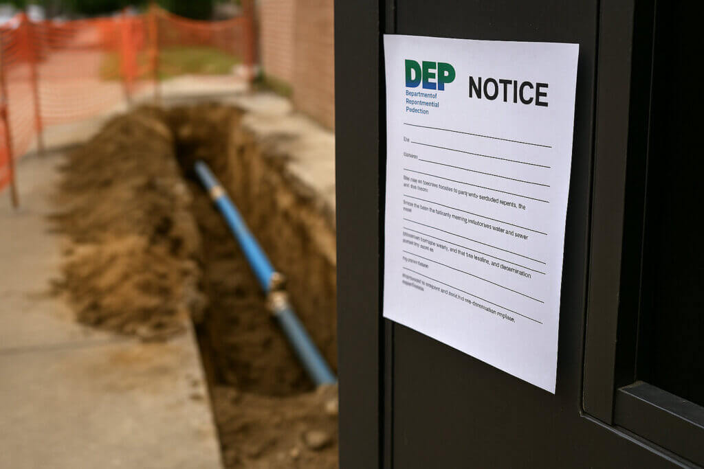 DEP notice on door near construction site with trench and blue pipe, indicating environmental protection work.